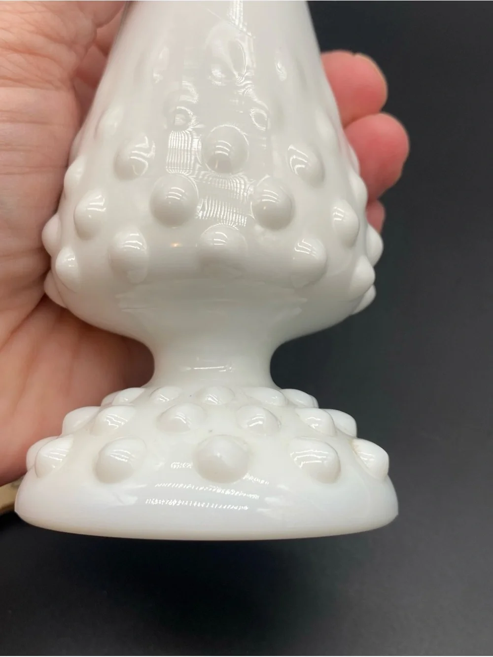 White Hobnail Milk Glass Bud Vase - Marked Fenton approximately 8-8 3/4”